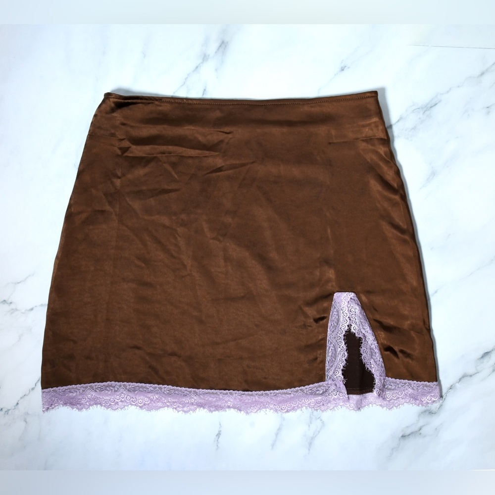 Silky Chocolate Mini Skirt Lavender Lace Trim